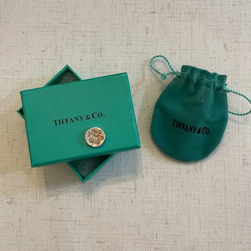Tiffany & Co. Silver Button Necklace Charm with Teal Box and Pouch